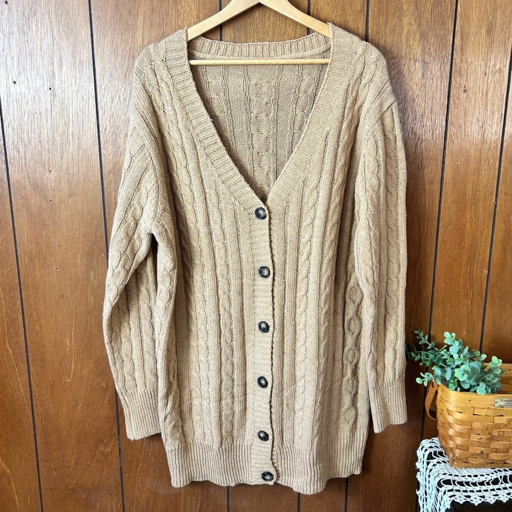 Womens 2XL Tan Cable Knit Button Front‎ Long Sleeve Cardigan Sweater